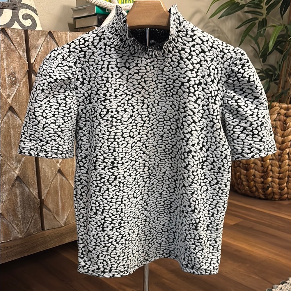 Zara Black and White Mock Neck Short Sleeve Top